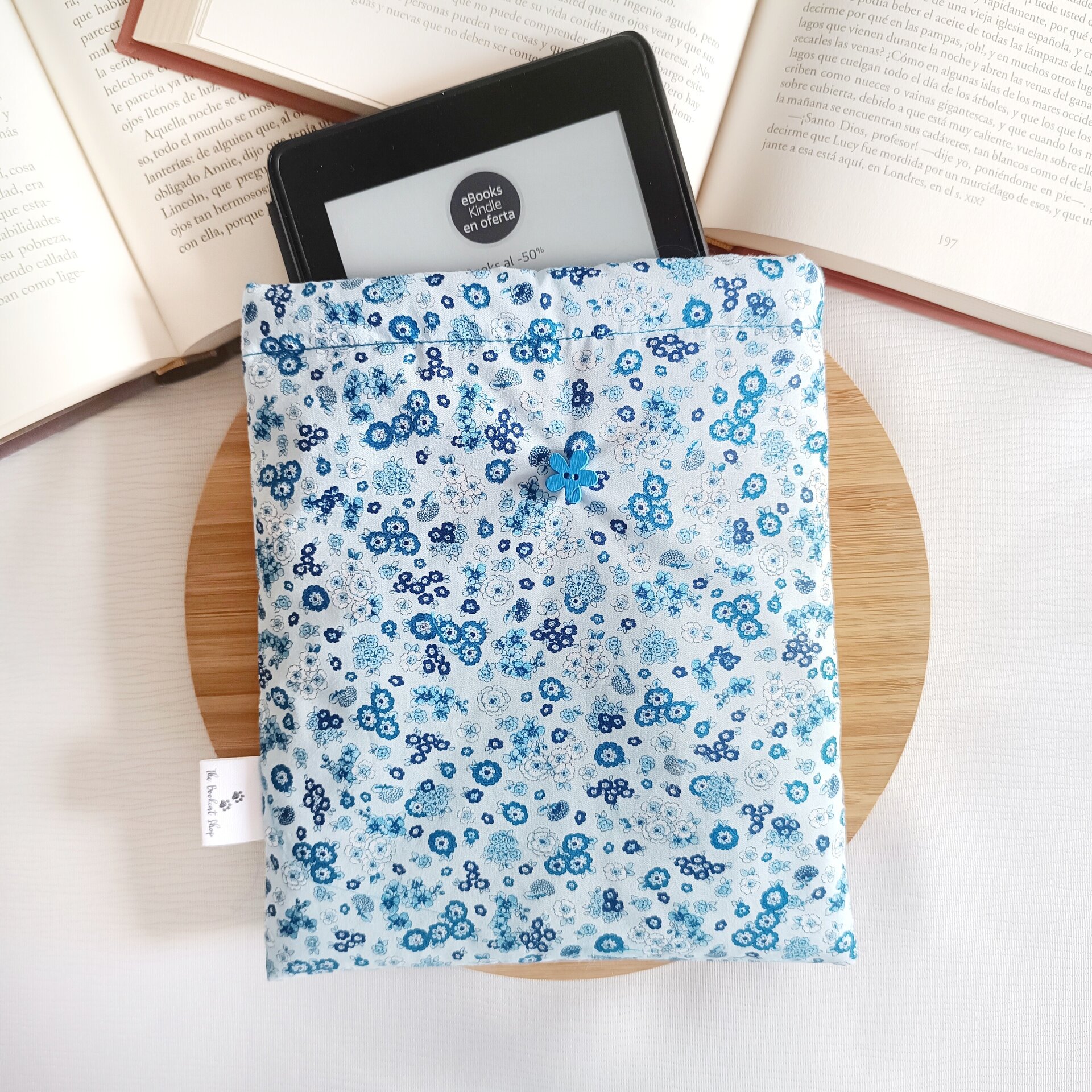 Funda de tela - Motivos florales azules para proteger tus libros - 2